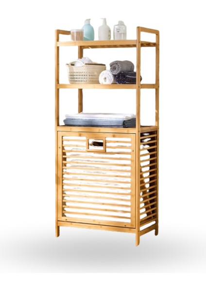 Büro Ev Ofis Dekoru Için 40X30X130CM 3 Raflı Kumaş Hazneli Ahşap Kirli Çamaşır Sepeti