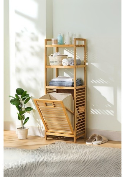 Büro Ev Ofis Dekoru Için 40X30X130CM 3 Raflı Kumaş Hazneli Ahşap Kirli Çamaşır Sepeti fiyatları