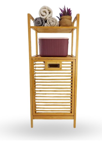 Büro Ev Ofis Dekoru Için 40X35X95CM 2 Raflı Kumaş Hazneli Ahşap Kirli Çamaşır Sepeti
