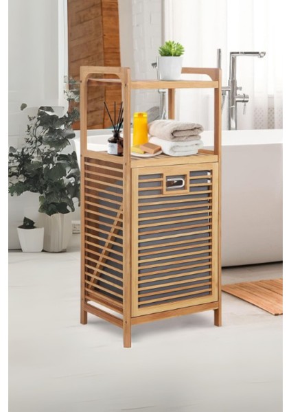 Büro Ev Ofis Dekoru Için 40X35X95CM 2 Raflı Kumaş Hazneli Ahşap Kirli Çamaşır Sepeti fiyatları