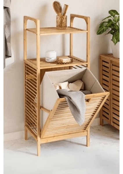 Büro Ev Ofis Dekoru Için 40X35X95CM 2 Raflı Kumaş Hazneli Ahşap Kirli Çamaşır Sepeti modelleri