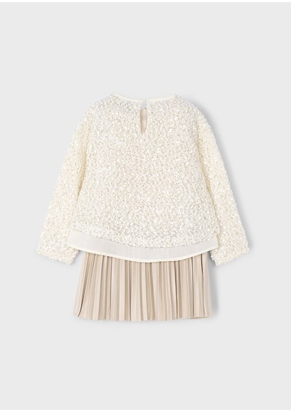 Kız Çocuk Askılı Elbise ve Kazak Takımı (4-10 Yaş) – Bej Pileli Elbise, Payetli Kazak modelleri