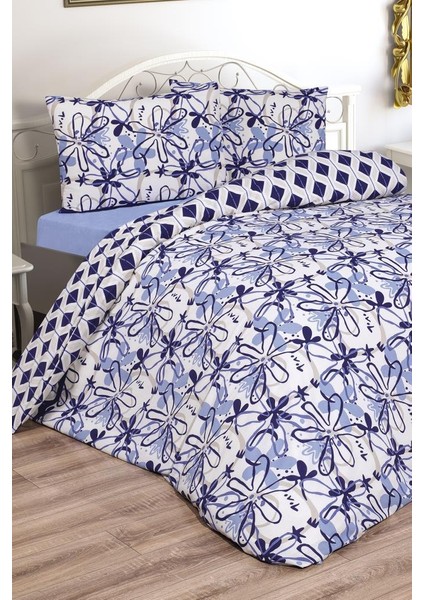Erika Çift Kişilik Lastikli Çarşaflı Nevresim Takımı Mavi