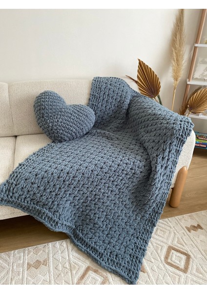 El Örgüsü Puffy Kalp Yastık ve Battaniye 100X160