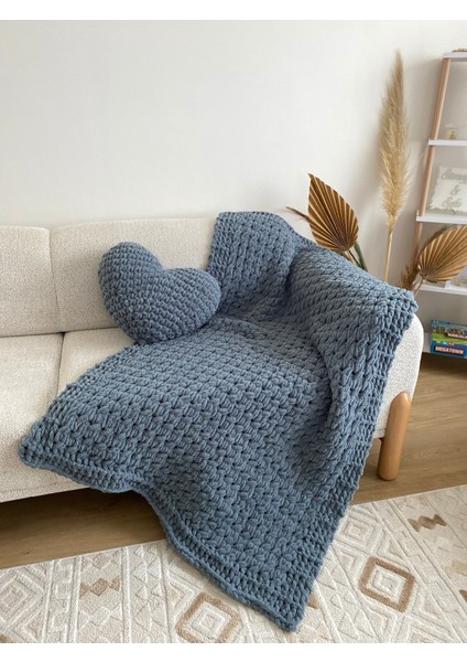 El Örgüsü Puffy Kalp Yastık ve Battaniye 100X160