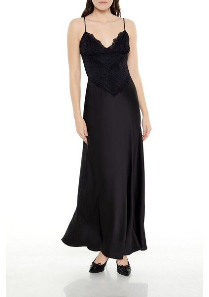 Dantel Yaka Detaylı Saten Elbise