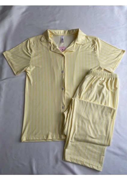 Sarı Çizgi Desenli Kısa Kollu Kadın Pijama Takımı fiyatları