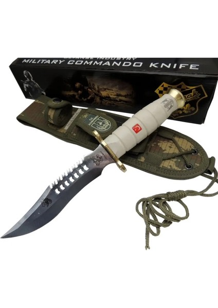 Bfs Beyaz Kurt Tırtıklı Oluklu Komando Bıçağı 30 cm - Kamuflaj Kılıflı