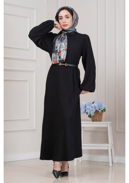Yuvarlak Yaka Yağmur Elbise-Siyah