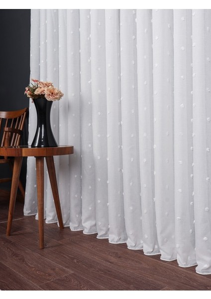 Ponpon Desenli Keten Düz Tül Perde Gramajlı (1/2.5 Normal Pile)