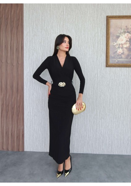 Kemerli Büzgü Detay Uzun Elbise fiyatları