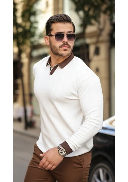 Erkek Renkli Yaka Manşet Uzun Kollu Triko