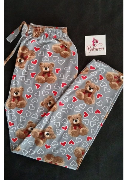Gri Ayıcıklı ve Kalpli Pijama Altı