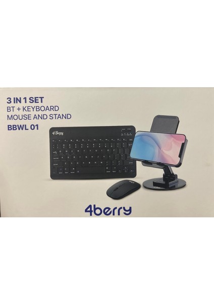 4Berry 3’lü Set – Bluetooth Klavye + Kablosuz Mouse + Telefon/Tablet Standı – Taşınabilir ve Şık Tasarım fiyatları