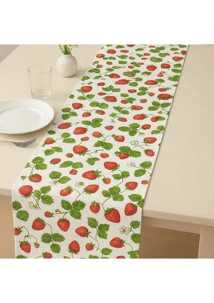Çilek Desenli Runner, Duck Kumaş Runner, Su ve Leke Itici | Dayanıklı, Modern Tasarım 40X110 cm