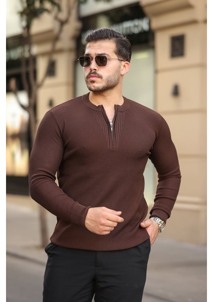 Erkek Fermuarlı Bisiklet Yaka Dokulu Uzun Kollu Triko