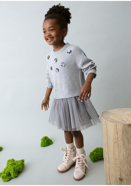 4-10 Yaş Arası Örme Elbise Set - Gri