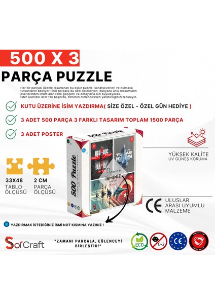 3 Lü 500 Parça Puzzle Milli Kanatlar Kişiye Özel