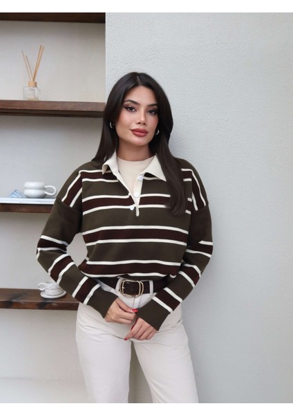 Polo Yaka Şeritli Triko Kazak