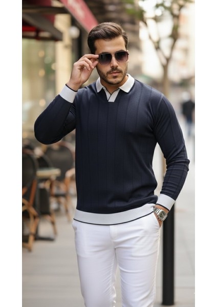 Erkek Renkli Yaka Manşet Uzun Kollu Triko modelleri