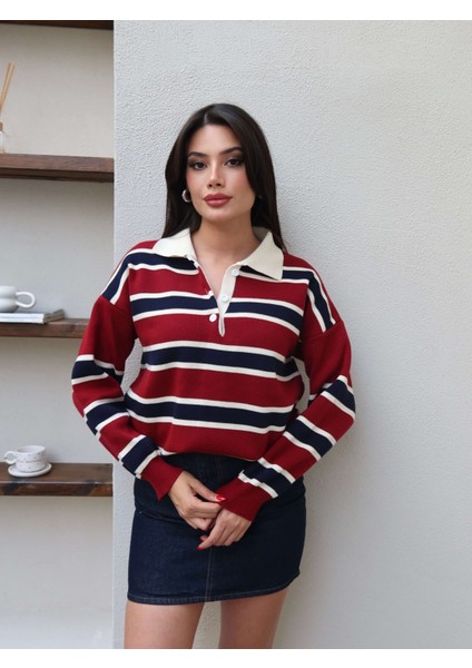 Polo Yaka Şeritli Triko Kazak