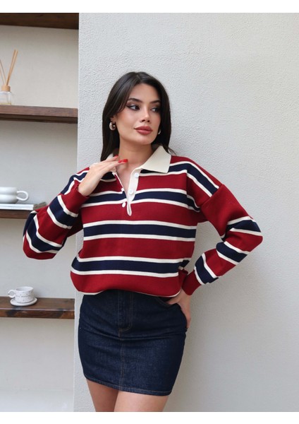 Polo Yaka Şeritli Triko Kazak fiyatları