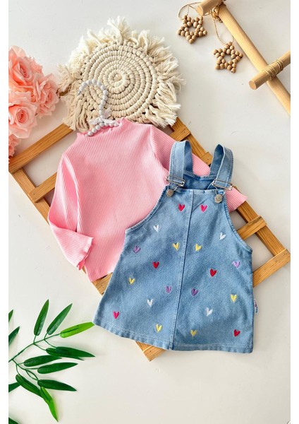 Renkli Kalp Baskılı Kız Bebek Kot jileli takım - Pembe
