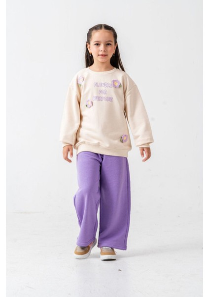 Çiçek Örgü Detaylı Flower Baskı Kız Çocuk 2 li takım - Mor