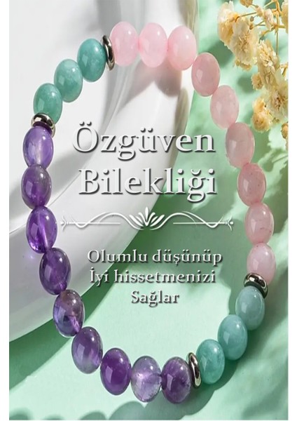 Sertifikalı Doğal Taş Özgüven Bilekliği 8 mm (Ametist - Amazonit - Pembe Kuvars)