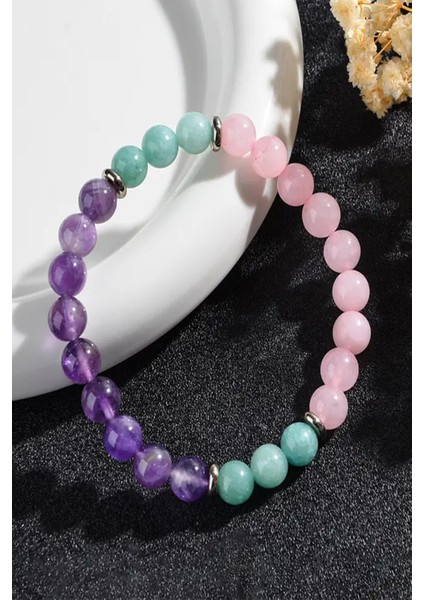 Sertifikalı Doğal Taş Özgüven Bilekliği 8 mm (Ametist - Amazonit - Pembe Kuvars) fiyatları