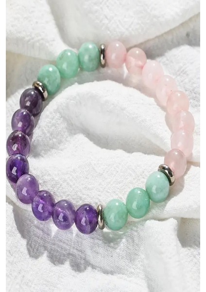 Sertifikalı Doğal Taş Özgüven Bilekliği 8 mm (Ametist - Amazonit - Pembe Kuvars) modelleri
