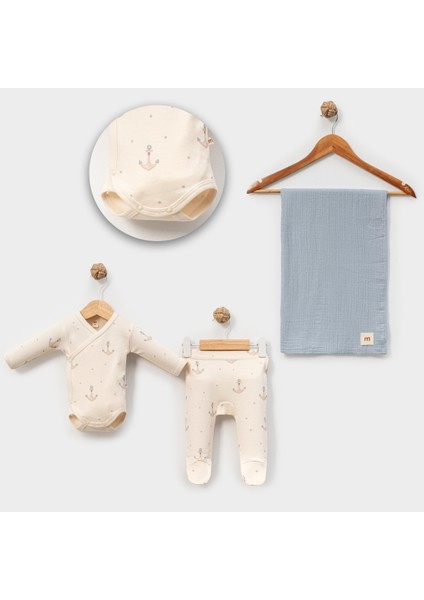 3-6 Ay Erkek Bebekler Için Çapa Desenli Organik Pamuktan 3 Lü Body Takım MÜSLİN BATTANİYELİ
