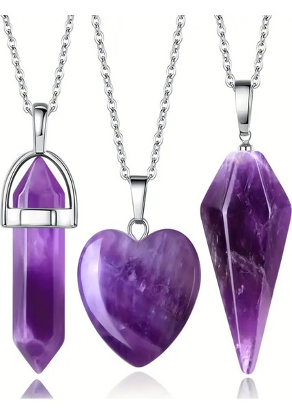 Sertifikalı Ametist Kuvars 3 Lü Kolye Seti