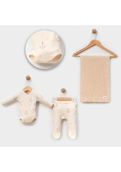 3-6 Ay Erkek Bebekler Için Çapa Desenli Organik Pamuktan 3 Lü Body Takım MÜSLİN BATTANİYELİ