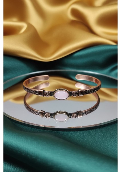 Sertifikalı Pembe Kuvars Taşlı Bakır Bileklik