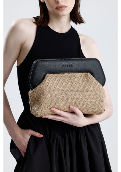Kadın Siyah Çerçeveli Balık Sırtı Jüt Clutch El Çantası indirimleri