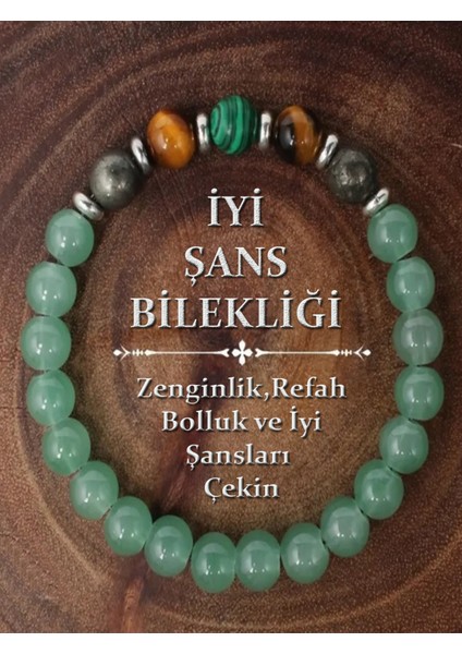 Sertifikalı Doğal Taş Iyi Şans Bilekliği (Aventurin-Malahit-Pirit-Kaplan Gözü)