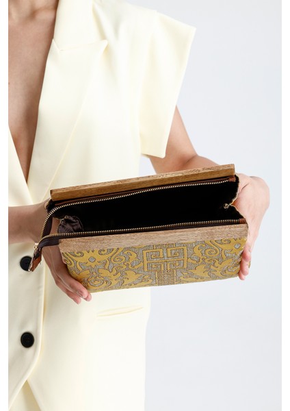 Kadın Hardal Otantik Desen Clutch Çanta