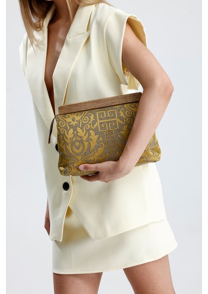 Kadın Hardal Otantik Desen Clutch Çanta