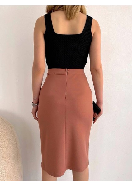 Uzun Midi Boy Yırtmaçlı Etek Somon S24907 modelleri