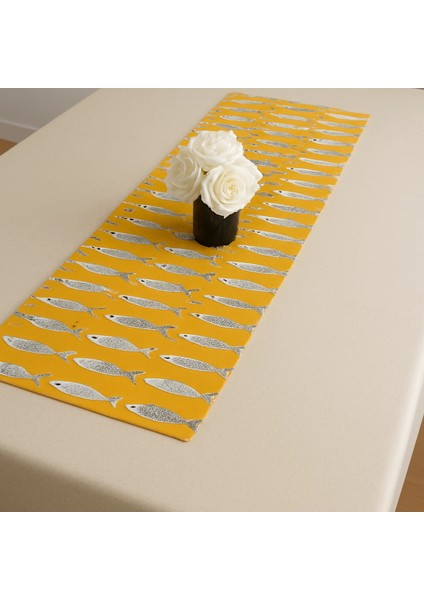 Alaçatı Balık Desenli Runner, Duck Kumaş Runner, Su ve Leke Itici | Dayanıklı, Modern Tasarım 40X150 cm