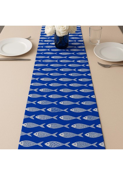 Bodrum Balık Desenli Runner, Duck Kumaş Runner, Su ve Leke Itici | Dayanıklı, Modern Tasarım 40X145 cm
