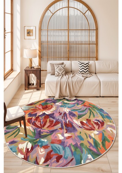 Çiçek Desenli Yıkanabilir Yuvarlak Halı