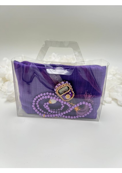 Hediyelik Şeffaf Çantalı Flamlı Örtü, Zikirmatik ve Tesbih Seti ( Hac - Umre - Mevlid - Bohça )