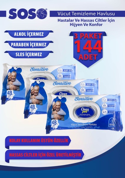 3X48 Yaprak – Cleanped Geniş Formüllü Vucut ve Hasta Temizleme Mendili