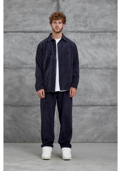 Lacivert 251 Kadife Oversize Gömlek ve Pantalon Takım