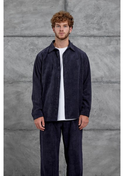 Lacivert 251 Kadife Oversize Gömlek ve Pantalon Takım modelleri