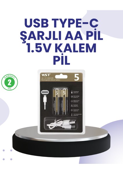 Type-C USB ile Hızlı Şarj Edilebilir Aa Kalem Pil | 1.5V Lityum | Çiftli Paket