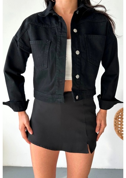 Çift Cepli Kol Katlamalı Süper Taş Enzim Yıkamalı Crop Kot Ceket Siyah D2000 modelleri