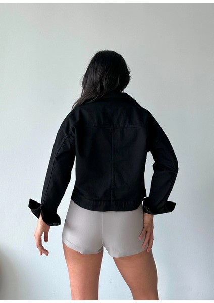 Çift Cepli Kol Katlamalı Süper Taş Enzim Yıkamalı Crop Kot Ceket Siyah D2000